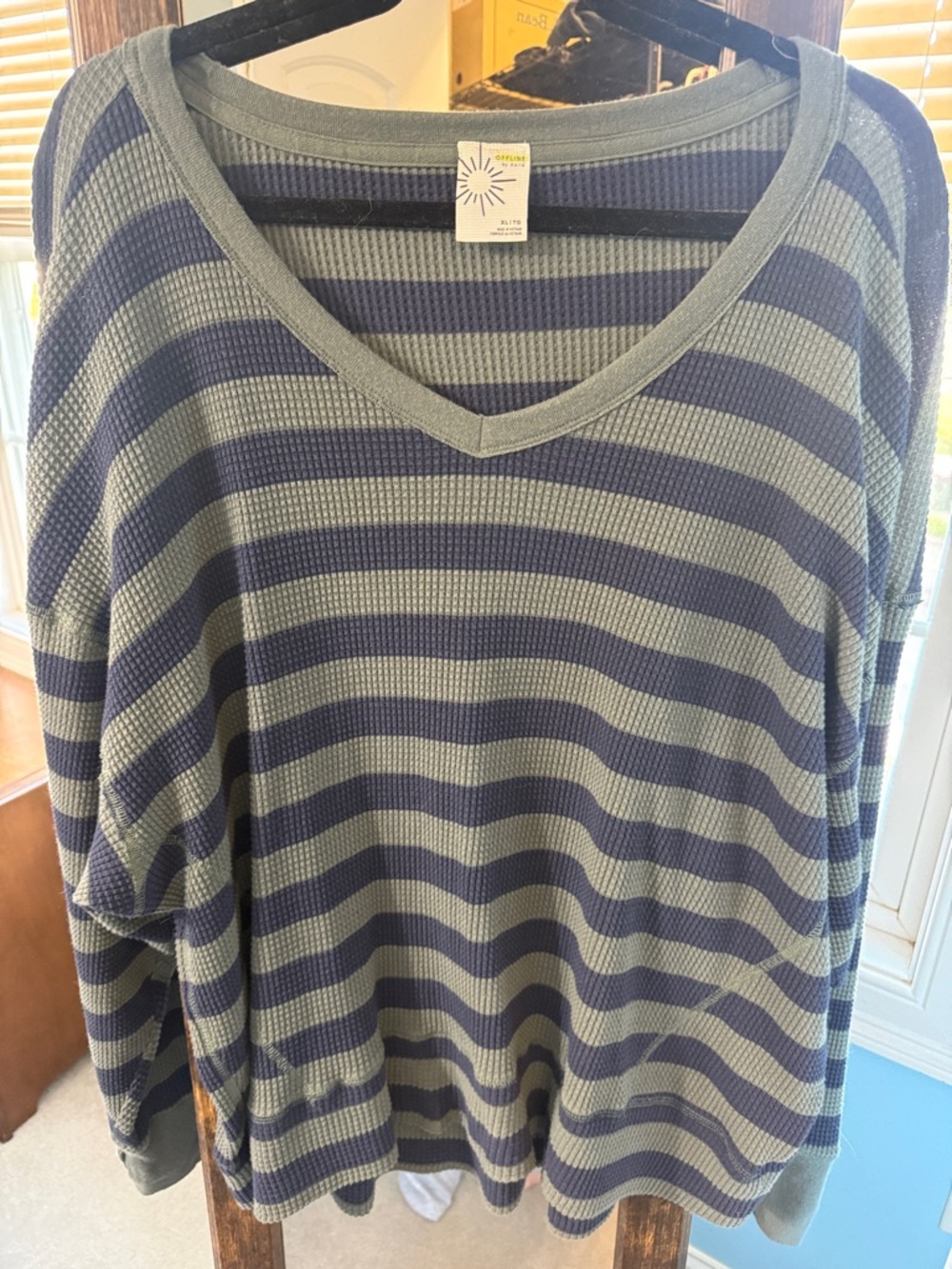 aerie Blue and Green Striped V-Neck Waffle Knit Sweater